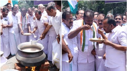 പാളപ്ലേറ്റില് പാള സ്പൂണുമായി ചമ്മന്തി കൂട്ടി കഞ്ഞി കുടിച്ചു; വിലക്കയറ്റം, പട്ടിണി മാര്ച്ച് നടത്തി കോണ്ഗ്രസ്