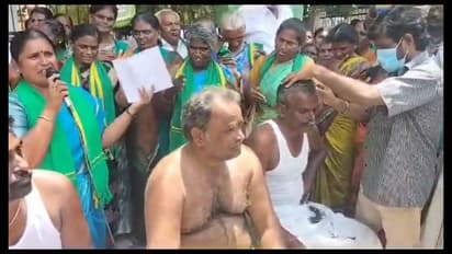 இந்து சமய அறநிலையத்துறையை கண்டித்து விவசாயிகள் மொட்டை அடித்தும், ஒப்பாரி வைத்தும் போராட்டம்