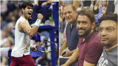 ടെന്നിസായാലെന്ത്? യുഎസ് ഓപ്പണിനിടെ അല്‍ക്കറാസിന് പിന്നില്‍ ചിരിച്ച് രസിച്ച് കാര്യം പറഞ്ഞ് എം എസ് ധോണി - വീഡിയോ