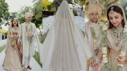 ദുപ്പട്ടയിൽ ഒളിപ്പിച്ച് പേര്, ഐവറി നിറത്തിലുള്ള ലെഹങ്കയില്‍ തിളങ്ങി പരിനീതി ചോപ്ര; ചിത്രങ്ങള്‍ വൈറല്‍