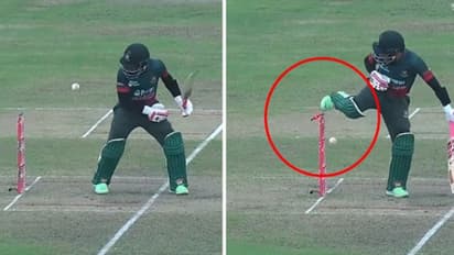 ഇങ്ങനെയുണ്ടൊരു പുറത്താകല്! വിക്കറ്റ് തട്ടിതെറിപ്പിച്ച് മുഷ്ഫിഖര്; വന് അബദ്ധത്തിന് പിന്നാലെ പവലിയനിലേക്ക്