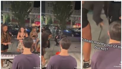 പാട്ടിനിടെ തെരുവ് ഗായകന്റെ പിയാനോ അടിച്ച് തകർത്ത് പണം മോഷ്ടിച്ച് യുവതി; വൈറലായി വീഡിയോ !