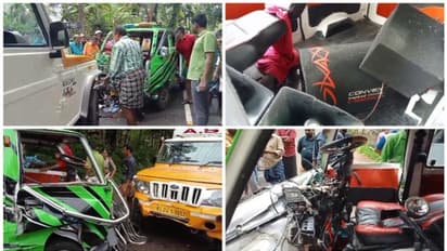 ബസിനെ മറികടക്കാൻ ശ്രമിക്കവേ, ആംബുലൻസ് പിക്കപ്പ് വാനുമായി കൂട്ടിയിടിച്ചു; ഡ്രൈവർക്ക് ഗുരുതര പരിക്ക്