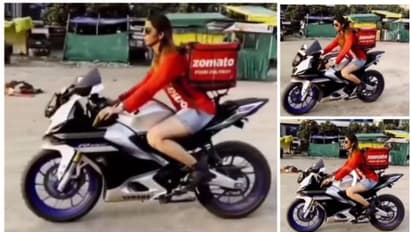 സൂപ്പര് ബൈക്കില് ഹെല്മറ്റില്ലാതെ സൊമാറ്റോ ഡെലിവറി ചെയ്യുന്ന സുന്ദരി; വൈറലായി വീഡിയോ