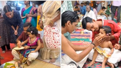 விஜயதசமி விழா கோவில்களிலும், பள்ளிகளிலும் வித்யாரம்பம்.! நெல், பச்சரிசியைக் கொண்டு அச்சரம் எழுதிய குழந்தைகள்