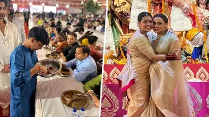 Kajol gives cute pose with cousin Rani Mukerji; drops snap of son Yug and nephew Aaman serving Bhog