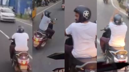 'അങ്ങോട്ടും മാറില്ല ഇങ്ങോട്ടും മാറില്ല'; ബസിന് മുന്നിൽ സ്കൂട്ടറിൽ യുവാവിന്റെ അഭ്യാസം, എട്ടിന്റെ പണി കിട്ടി
