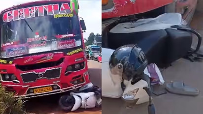 ഇടിച്ചിട്ട സ്കൂട്ടറുമായി സ്വകാര്യ ബസ് മീറ്ററുകളോളം നീങ്ങി, തെറിച്ച് വീണ സ്കൂട്ടര് യാത്രികര്ക്ക് പരിക്ക്
