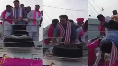 బీఆర్ఎస్ ర్యాలీలో అపశృతి : ప్రచార వాహనం పై నుంచి పడిపోయిన కేటీఆర్ .. కాస్తలో తప్పిపోయిందిగా