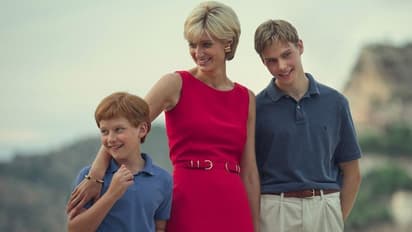 The Crown season 6 Part 1: Elizabeth Debicki as Princess Diana takes away cake from the Late Queen Elizabeth