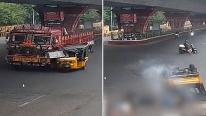 Caught on camera: Eight students injured as auto rickshaw collides with lorry in Visakhapatnam (WATCH)