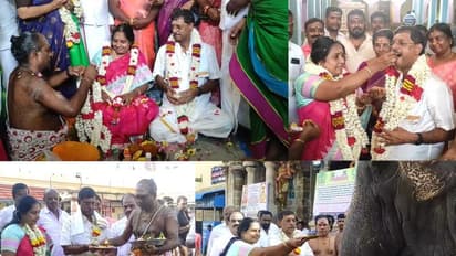 கணவருடன் மாலை மாற்றி திருக்கடையூரில் வானதி சீனிவாசன் சிறப்பு வழிபாடு; அண்ணாமலை பெயரில் சிறப்பு அர்ச்சனை