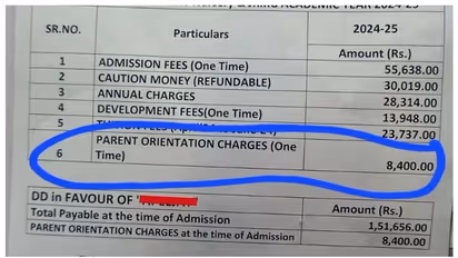 കിന്റര്ഗാര്ട്ടണ് ഫീസ് ഒന്നരലക്ഷം; 'രക്ഷിതാക്കള്ക്കുള്ള ഓറിയന്റേഷന് ഫീസ്' വേറെ; വൈറലായി ഒരു കുറിപ്പ് !