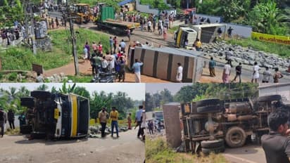പാലക്കാട് 3 ലോറികൾ കൂട്ടിയിടിച്ചു, 2ലോറികൾ മറിഞ്ഞു, കരിങ്കല്ലുകൾ റോഡിലേക്ക് പതിച്ചു;  റോഡിൽ ഗതാഗത സ്തംഭനം