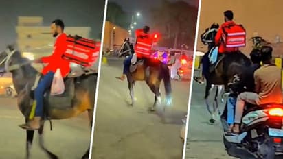 Viral video: Zomato agent delivers orders on horseback in Hyderabad amid long queues at petrol pumps