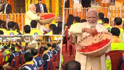 PM Modi honours Ayodhya Ram Mandir's construction workers with flower petals; video wins hearts (WATCH)