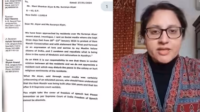 അയോധ്യ പരാമർശം: വീടൊഴിയണമെന്ന് റസിഡന്സ് അസോസിയേഷൻ, താനവിടെയല്ല താമസിക്കുന്നതെന്ന് മണിശങ്കർ അയ്യറുടെ മകൾ