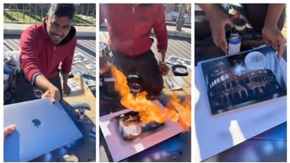 തീ, പിന്നെ തലങ്ങും വിലങ്ങും സ്പ്രേ പെയിന്റ്; അഞ്ച് മിനിറ്റിനുള്ളിൽ ആപ്പിൾ ലാപ്ടോപ്പിന് മുകളിൽ 'മാസ്റ്റർപീസ്'