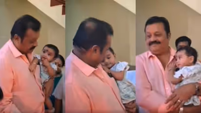 'എന്നോമൽ നിധിയല്ലേ..', സുരേഷ് ഗോപിയോട് കുസൃതി കാട്ടി കുഞ്ഞാവ, മാറോടണച്ച് താരം