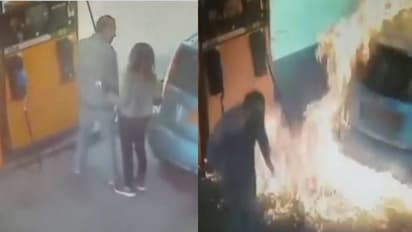 സിഗരറ്റ് ചോദിച്ചിട്ട് കൊടുത്തില്ല, പെട്രോൾ പമ്പിൽ വച്ച് കാറിന് തീയിട്ട് യുവതി, വീഡിയോ ദൃശ്യങ്ങൾ