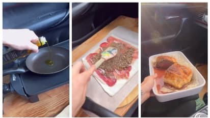 ഒരു കൈയില് സ്റ്റിയറിംഗ്, മറുകൈ കൊണ്ട് ബീഫ് ഉണ്ടാക്കുന്ന യുവാവ്; ഒരു വൈറല് വീഡിയോ കാണാം !