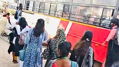 Viral Video: Telangana woman narrowly escapes death after almost slipping under bus in Lothkunta (WATCH)