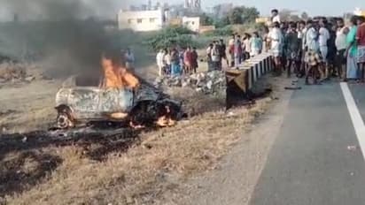 விருதுநகர்.. தரைப்பாலத்தில் மோதிய கார் பள்ளத்தில் விழுந்து விபத்து - தீ பிடித்ததில் ஒருவர் உடல் கருகி பலி!