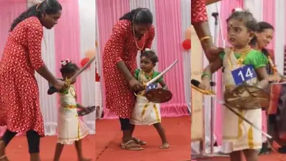 വാളും പരിചയുമായി സ്റ്റേജിലെത്തി, പാട്ട് വന്നതോടെ 'ഉണ്ണിയാർച്ച'യുടെ മൂഡ് മാറി, വൈറലായി വീഡിയോ...