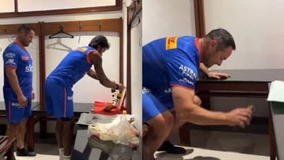 വിളക്കു കത്തിച്ച് ഹാര്ദ്ദിക് പാണ്ഡ്യ, തേങ്ങ ഉടച്ച് മാര്ക്ക് ബൗച്ചര്;മുംബൈ ഇന്ത്യൻസ് ഡ്രസ്സിംഗ് റൂം ഭക്തിമയം