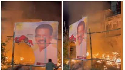 കെ രാധാകൃഷ്ണൻ്റെ പ്രചാരണ ബോർഡിന് തീപിടിച്ചു; തീയിട്ട് നശിപ്പിച്ചതെന്ന ആരോപണവുമായി സിപിഎം