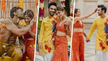 Kriti Kharbanda, Pulkit Samrat share Haldi pictures, look stunning in yellow-orange attires