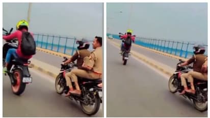  ഒ... എന്നാലും എന്നാ പോക്കാ സാറേ അത്.....; പോലീസുകാർ കാണ്‍കെ യുവാവിന്‍റെ ബൈക്ക് സ്റ്റണ്ട്, വീഡിയോ വൈറല്‍