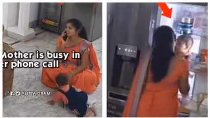 ഫോണിൽ മുഴുകിയ അമ്മ, കൈകുഞ്ഞിനെ ഫ്രിഡ്ജിൽ വച്ചു; പിന്നീട് കുഞ്ഞിനെ അന്വേഷിക്കുന്ന വീഡിയോ വൈറല്‍ 