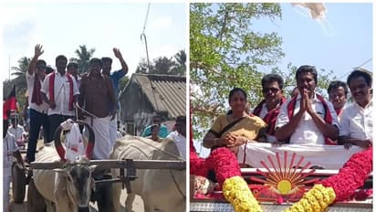 கிரேனில் கொண்டு வரப்பட்ட பிரமாண்ட மாலை; மாட்டு வண்டியில் திமுக வேட்பாளர் நூதன பிரசாரம்