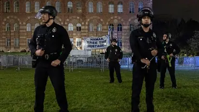 UCLA campus chaos: Anti-Israel protesters hurl 'shame on you' chants at police amid heavy deployment (WATCH)