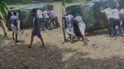 കാർ നിയന്ത്രണം വിട്ട് പാടത്തേക്ക് മറിഞ്ഞു, യാത്രക്കാർ അത്ഭുതകരമായി രക്ഷപ്പെട്ടു-വീഡിയോ 