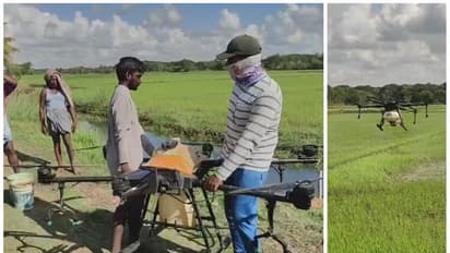 ஆள் பற்றாக்குறை, செலவு அதிகம்; ராட்சத ட்ரோன்களை களத்தில் இறக்கிய மயிலாடுதுறை விவசாயிகள்