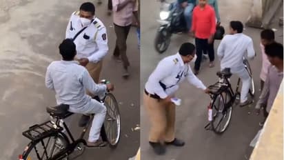ಸೈಕಲ್ ಸವಾರನ ಅಡ್ಡಗಟ್ಟಿದ ಟ್ರಾಫಿಕ್ ಪೊಲೀಸ್ ವಿಡಿಯೋ ವೈರಲ್, ಸರಿ-ತಪ್ಪು ಚರ್ಚೆ!