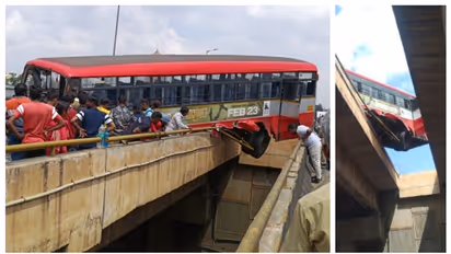 ബെംഗളൂരു മേല്‍പ്പാലത്തില്‍ അപകടകരമായി തൂങ്ങിക്കിടക്കുന്ന കര്‍ണ്ണാടക എസ്ആര്‍ടിസി ബസ്; വീഡിയോ വൈറല്‍ 