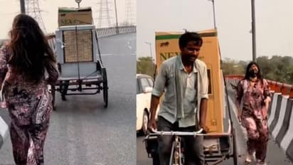 ಗೂಡ್ಸ್ ಸಾಗಿಸುತ್ತಿದ್ದ ವ್ಯಕ್ತಿಗೆ ನೆರವಾದ ಯುವತಿ, ನೆಟ್ಟಿಗರಿಂದ ಮೆಚ್ಚುಗೆ