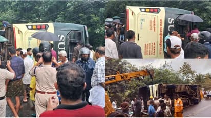 പാലാ - തൊടുപുഴ റോഡിൽ അന്തർ സംസ്ഥാന ബസ് മറിഞ്ഞു; 15 പേർക്ക് പരിക്ക്