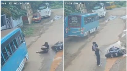 റോഡിൽവീണ സ്കൂട്ടർ യാത്രികൻ ബസിനടിയിൽ പെടാതെ രക്ഷപ്പെട്ടത് തലനാരിഴയ്ക്ക്; രക്ഷയായത് ഡ്രൈവറുടെ സമയോചിത ഇടപെടൽ