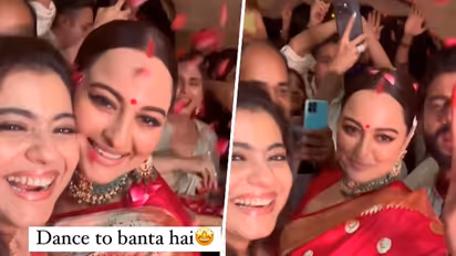 Kajol hugs Sonakshi Sinha, Zaheer Iqbal as bride gets emotional; dances to dhol beats at reception [WATCH]