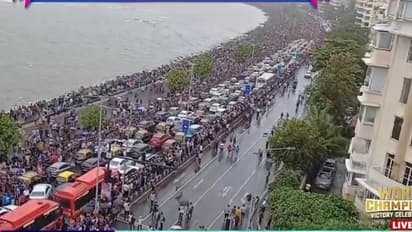 കനത്ത മഴയിലും ആവേശക്കുട ചൂടി ആരാധകര്, മറൈന് ഡ്രൈവ് മനുഷ്യസാഗരം; ടീം ഇന്ത്യയുടെ വിക്ടറി പരേഡ് വൈകുന്നു