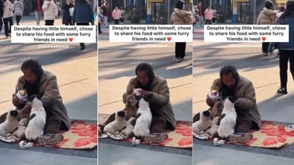 ತನ್ನ ಆಹಾರವನ್ನು ಹಸಿವಿನಿಂದ ಬಂದ ಬೀದಿ ನಾಯಿಗೆ ಹಂಚಿದ ನಿರ್ಗತಿಕನ ಹೃದಯಸ್ಪರ್ಶಿ ವಿಡಿಯೋ!