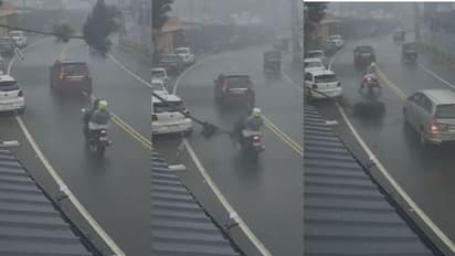 മുന്നിലും പിന്നിലും കാറുകൾ, റോഡിലേക്ക് കടപുഴകി വീണ് കവുങ്ങ് മരം; റാന്നിയിൽ ബൈക്ക് യാത്രികന് തലനാരിഴക്ക് രക്ഷ!