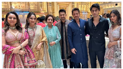 Madhuri Dixit with husband poses with Shah Rukh Khan and family at Anant Ambani, Radhika's wedding [PHOTOS]