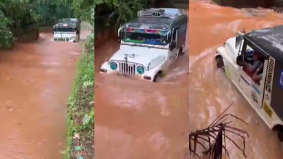 വേഗം വിട്ടോ, വേഗം വിട്ടോ! സ്കൂള് കുട്ടികളുമായി വെള്ളക്കെട്ടിലൂടെ ജീപ്പിന്റെ അതിസാഹസിക യാത്ര