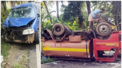 കാറുമായി കൂട്ടിയിടിച്ച ടാങ്കർ ലോറി നിയന്ത്രണംവിട്ടു മറിഞ്ഞു; കുട്ടികൾ ഉൾപ്പെടെ 11 പേർക്ക് പരിക്ക്
