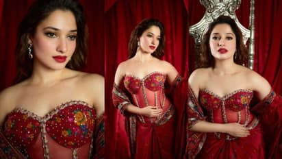 റെഡ് സാരിക്കൊപ്പം കോര്സെറ്റ് ടോപ്പ് ധരിച്ച് ഗ്ലാമര് ലുക്കില് തമന്ന ഭാട്ടിയ; ചിത്രങ്ങള് വൈറല്